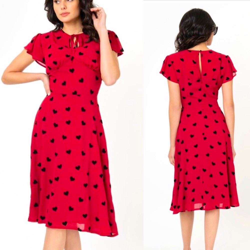 Chiffon Raspberry Retro Heart Print Dress